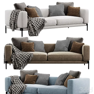 Modern Two Seater Sofa With Plaid Blanket And Checkered Pillows In Neutral Tones 3d model