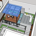 Courtyard Garden Design With Glass Roof Wooden Deck Dining Set Swimming Pool And Green Plants