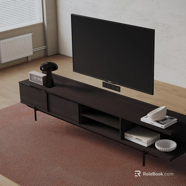 Modern Dark Wooden TV Stand With TV And Storage Shelves In Living Room 3d model 