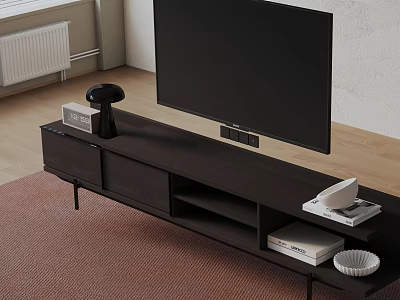 Modern Dark Wooden TV Stand With TV And Storage Shelves In Living Room 3d model