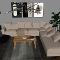 Modern Light Gray Sectional Sofa With Coffee Table Abstract Wall Art And Throw Pillows 3d model