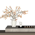 Bonsai Plant with Orange Fruit Branches in White Ceramic Vase and Small Teapot Tea Cups