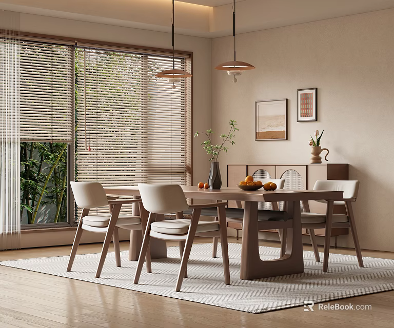 Modern Restaurant Interior With Wooden Dining Table Chairs Pendant Lights Blinds And Green Plants 3d model 