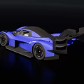 Blue Modern Sporty Race Car With Streamlined Design Large Rear Wing And Black Wheels