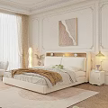 Modern Double Bed with LED Headboard Lights Cozy Blanket and Wall Art Painting