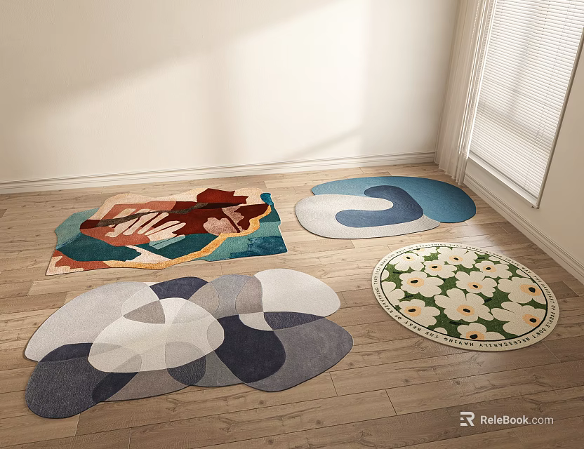 Colorful Shaped Rugs with Floral and Geometric Patterns on Wooden Floor in Room Corner 3d model 