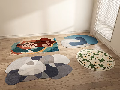 Colorful Shaped Rugs with Floral and Geometric Patterns on Wooden Floor in Room Corner 3d model