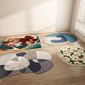Colorful Shaped Rugs with Floral and Geometric Patterns on Wooden Floor in Room Corner