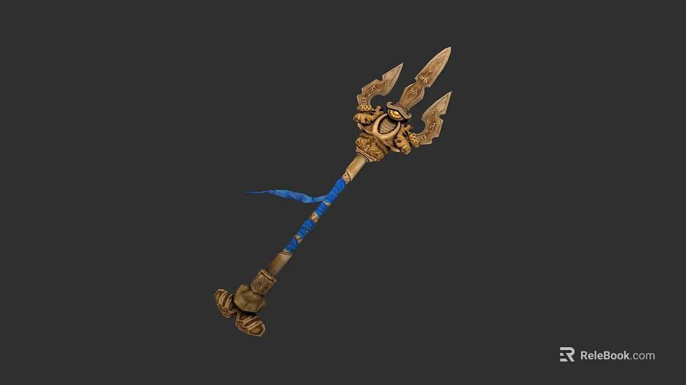 Ornate Mythical Weapon with Golden Trident Head Blue Ribbon and Carved Shaft 3d model 