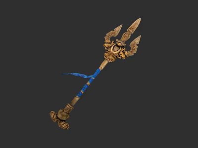 Ornate Mythical Weapon with Golden Trident Head Blue Ribbon and Carved Shaft 3d model