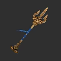 Ornate Mythical Weapon with Golden Trident Head Blue Ribbon and Carved Shaft