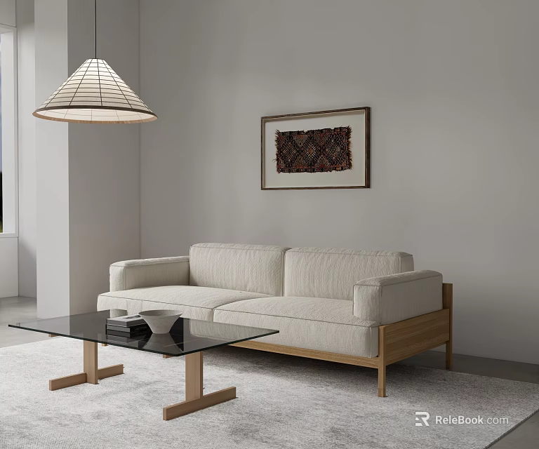 Modern Two Seater Sofa with Beige Fabric Wooden Legs Glass Coffee Table and Woven Pendant Light 3d model 