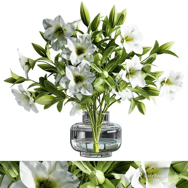 Fresh White Flowers And Green Leaves In Clear Glass Vase With Water For Home Decoration 3d model 