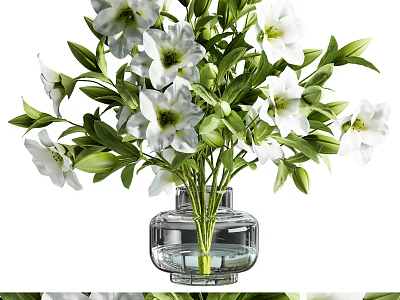 Fresh White Flowers And Green Leaves In Clear Glass Vase With Water For Home Decoration 3d model