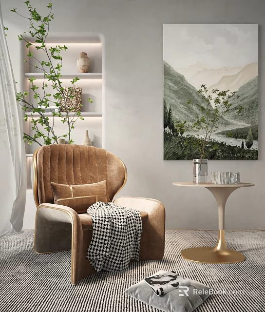 Elegant Tan Armchair With Cushion Blanket Side Table And Mountain Painting 3d model 