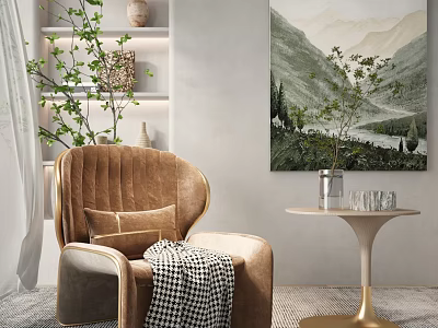Elegant Tan Armchair With Cushion Blanket Side Table And Mountain Painting 3d model
