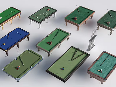 Multiple Style Billiard Tables With Green Blue Cloth And Wooden Metal Leg Designs 3d model