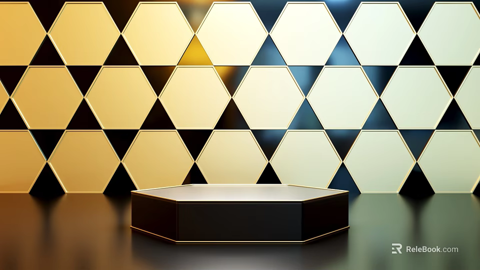Modern Commercial Equipment Hexagonal Display Stand With Gold Black Hexagon Pattern Background 3d model