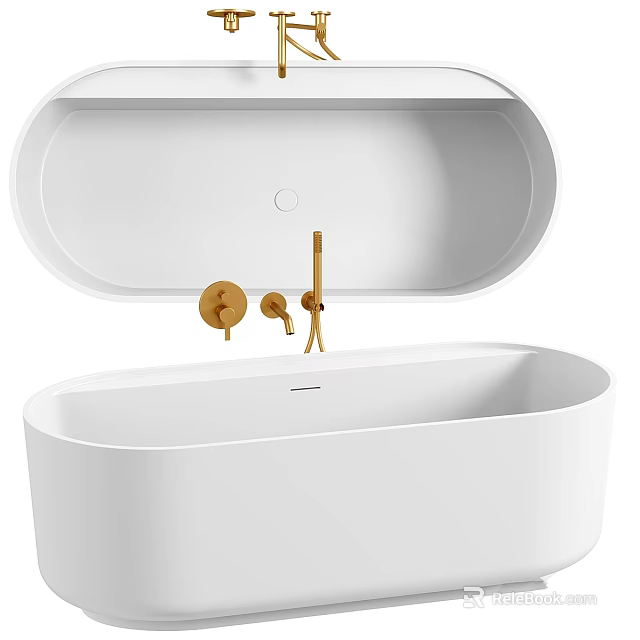 Modern White Bathtub With Sleek Design And Golden Brass Faucet Fixtures 3d model 