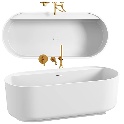 Modern White Bathtub With Sleek Design And Golden Brass Faucet Fixtures 3d model
