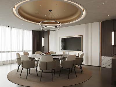 Modern Private Box Interior With Round Dining Table Chairs Chandelier TV And Windows 3d model