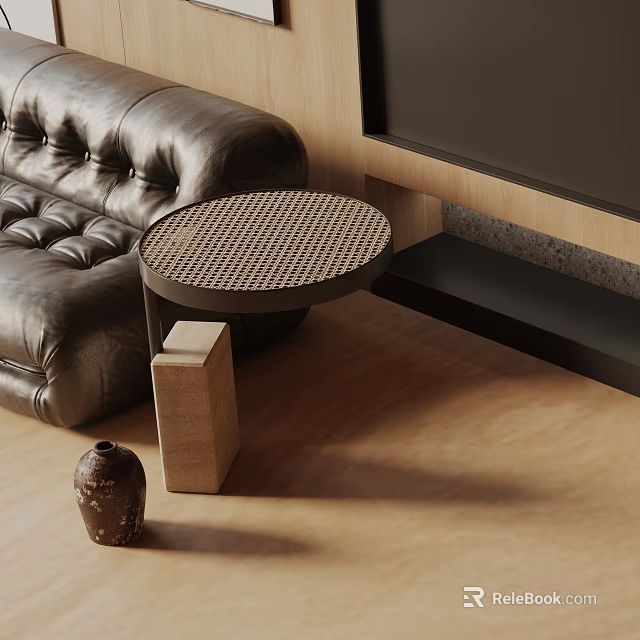 Modern Round Side Table With Woven Top Next To Leather Sofa On Wooden Floor 3d model 