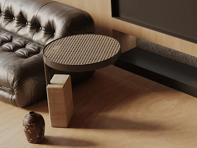 Modern Round Side Table With Woven Top Next To Leather Sofa On Wooden Floor 3d model