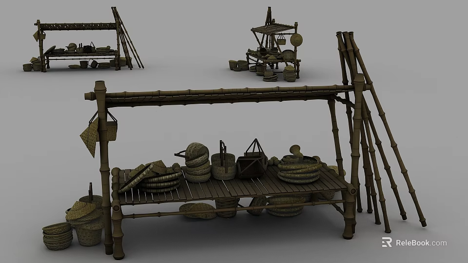 Traditional Bamboo Shelves Displaying Woven Baskets And Handicraft Items 3d model 
