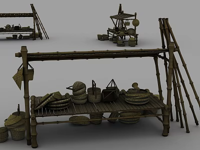 Traditional Bamboo Shelves Displaying Woven Baskets And Handicraft Items 3d model