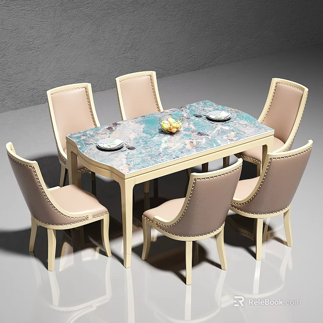Modern Dining Table Set With Blue White Marble Tabletop And Six Beige Upholstered Chairs 3d model