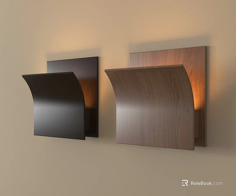 Wall Lamps with Curved Design Black and Wood Grain Mounted on Wall with Warm Light 3d model 