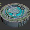 Circular Spiral Structure with Blue Green Glowing Layers and Geometric Design
