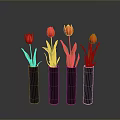 Four Red Tulips In Black Vases For Home Decor And Living Room Decoration