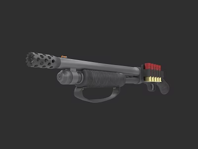 Tactical Multi Barrel Shotgun with Black Body Red Yellow Magazine and Grip 3d model