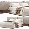 Modern Double Bed With Upholstered Headboard Wooden Bedside Table White Bedding And Brown Blanket