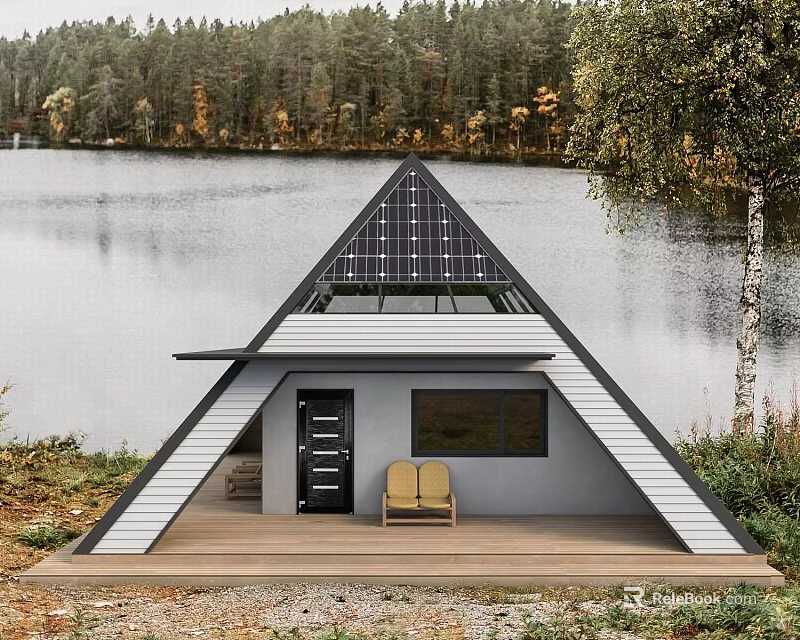 Scenic Lakefront A frame Cabin with Solar Panels Wooden Deck and Yellow Chairs 3d model 