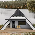 Scenic Lakefront A frame Cabin with Solar Panels Wooden Deck and Yellow Chairs