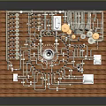 Intricate Industrial Pipe System Model With Circular Layout Valves And Components On Wooden Base
