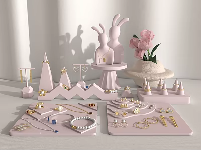 Elegant Jewelry Display With Rabbit Figurine Pink Flower And Various Accessories 3d model