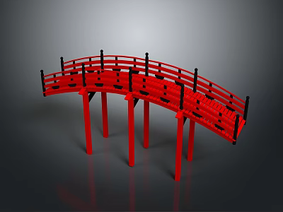 Traditional Red Arch Bridge Structure With Wooden Railings And Supporting Pillars 3d model