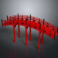 Traditional Red Arch Bridge Structure With Wooden Railings And Supporting Pillars