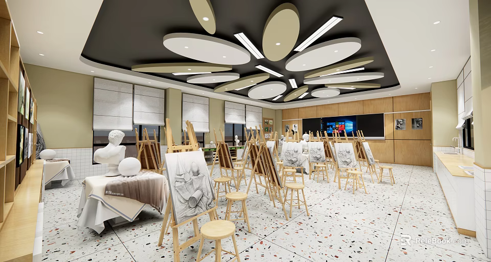 School Art Studio Interior With Easels Plaster Statues Drawing Boards And Circular Ceiling Lights 3d model 