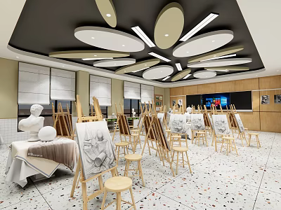School Art Studio Interior With Easels Plaster Statues Drawing Boards And Circular Ceiling Lights 3d model