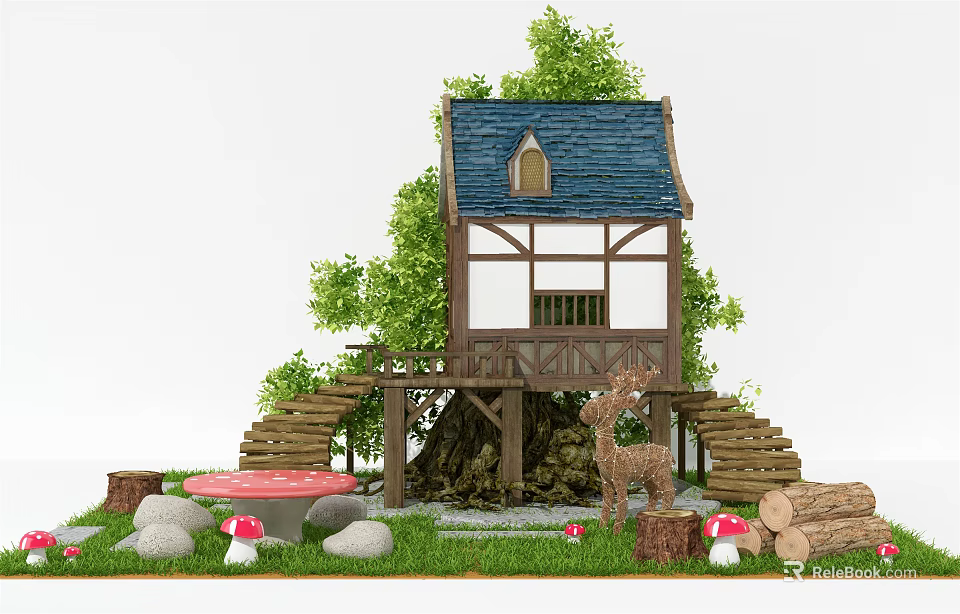 Charming Wooden House With Blue Roof Trees Stairs Mushrooms Deer And Logs On Grass 3d model 