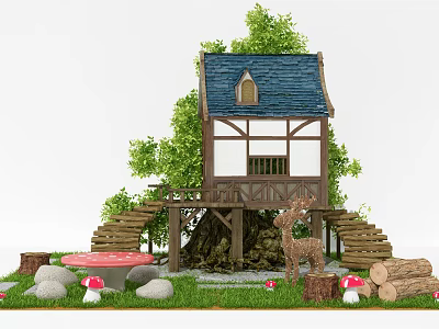 Charming Wooden House With Blue Roof Trees Stairs Mushrooms Deer And Logs On Grass 3d model