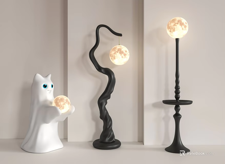 Modern Floor Lamps With Moon Shaped Globe And Decorative Cat Figure 3d model 