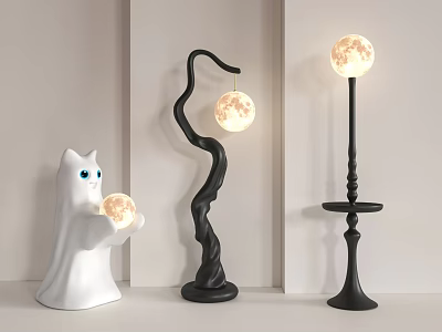 Modern Floor Lamps With Moon Shaped Globe And Decorative Cat Figure 3d model