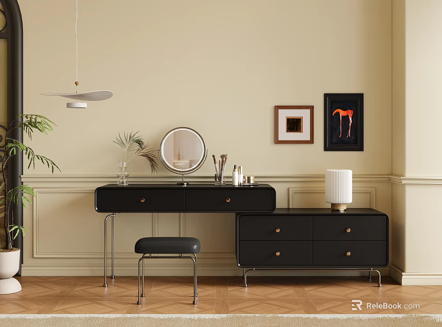 Black Dressing Table With Round Mirror Stool Drawer Cabinet And Decorative Paintings On Beige Wall 3d model 