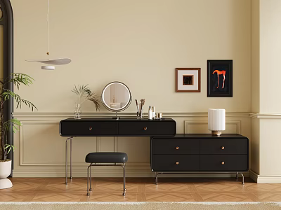 Black Dressing Table With Round Mirror Stool Drawer Cabinet And Decorative Paintings On Beige Wall 3d model
