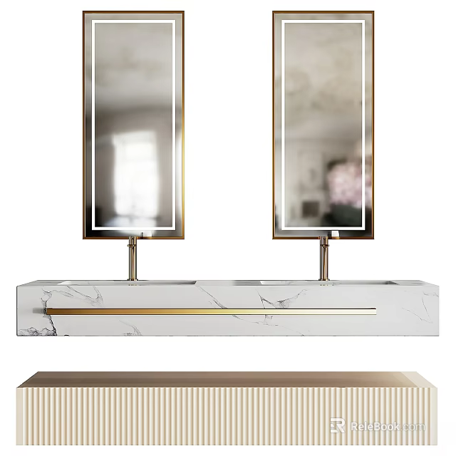 Modern Bathroom Vanity With Double Gold Framed Mirrors And Marble Countertop 3d model 